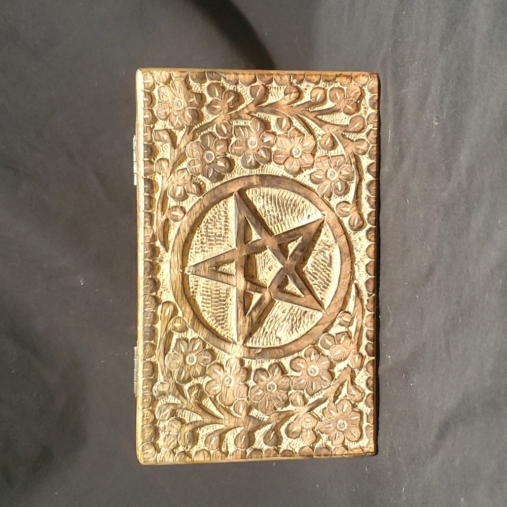 Wooden hand carved witchy pentagram box for jewelry, crystals, cards